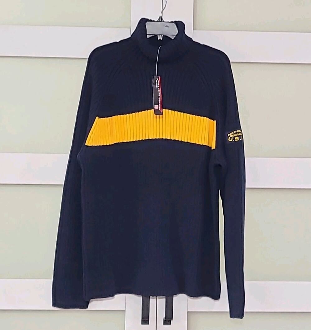 Ralph Lauren Polo Jeans Co Mens XXL Turtleneck Sweater Navy Yellow 100 % Cotton